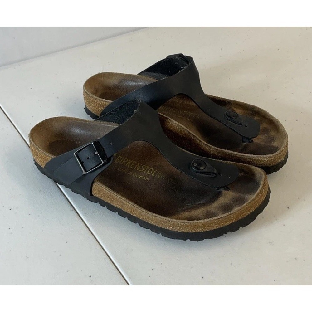 Birkenstock Gizeh Sandals Women‎ 37 Black Leather T-Strap Thong Made in Germany